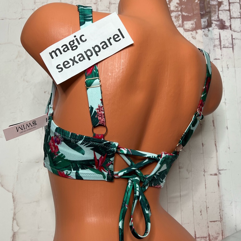 VS SWIM 38DDD FULL COVERAGE BIKINI TOP UNDERWIRE DEMI CUPS LACE-UP BACK TROPICAL